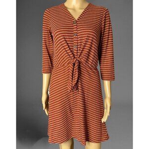 C Label A-Line Dress Small S Orange White Striped Front Tie Stretch Knee Length